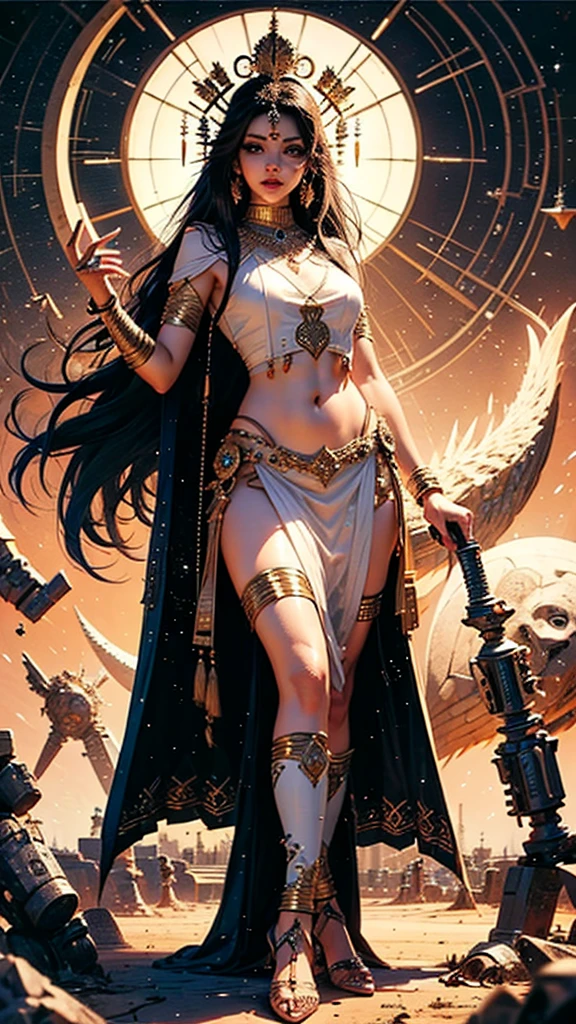 Sexy hot hindu female gods white outfit long black hair holding trishul nearly lion beautiful face full HD