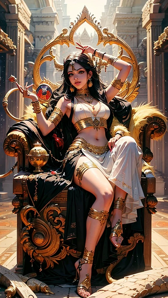 Sexy hot hindu female gods white outfit long black hair holding trishul nearly lion beautiful face full HD