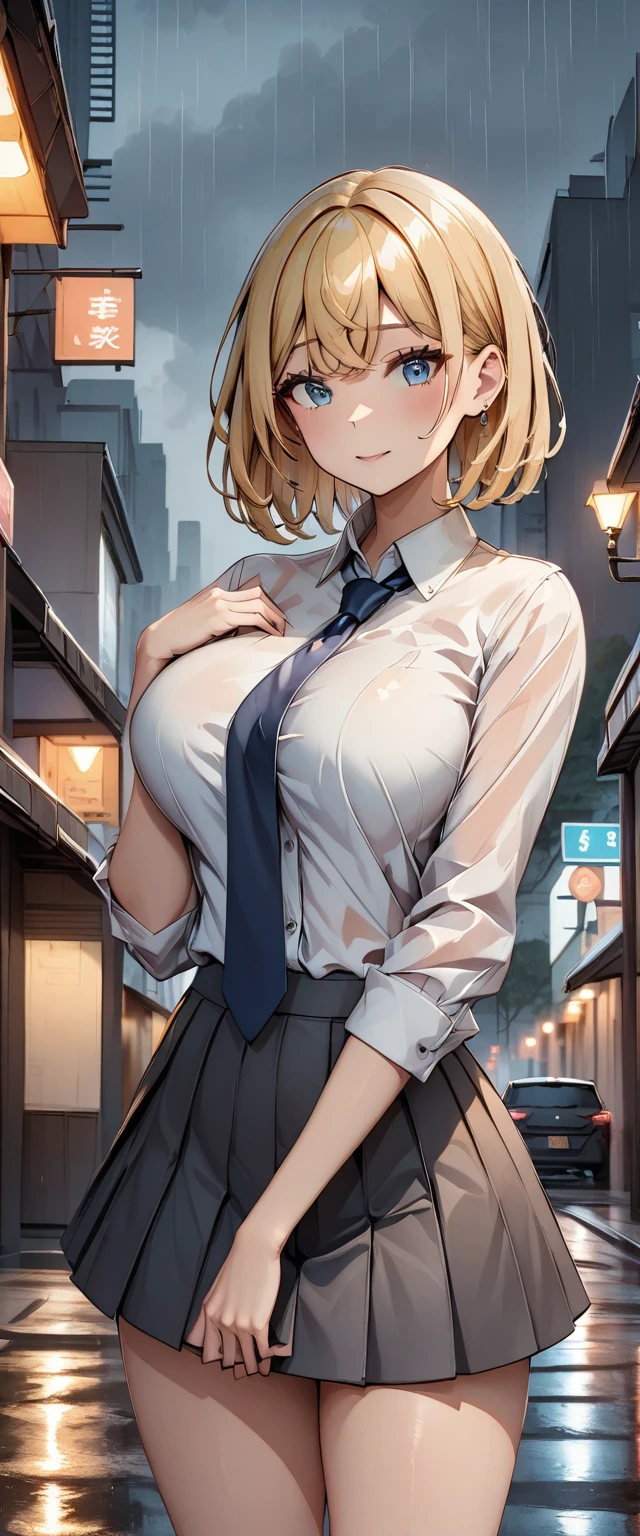 One girl, Blonde, short hair, blue eyes, White shirt, mini skirt, Rolling up your sleeves, Big Breasts, Light blue tie, Grey Skirt, city, rain, Detailed Background