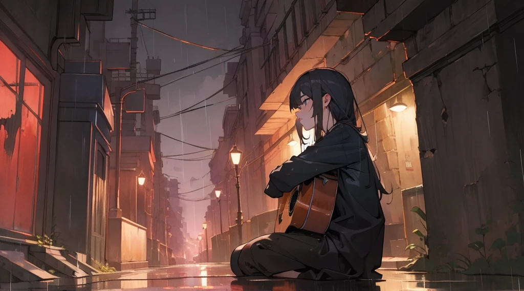 (masterpiece:1.3), (the best quality:1.2),
masterpiece,night,(dark alley),dire backgroud,Cluttered street,Rainy
(1 girl), (solo), Knee hugging sitting,acousticguitar