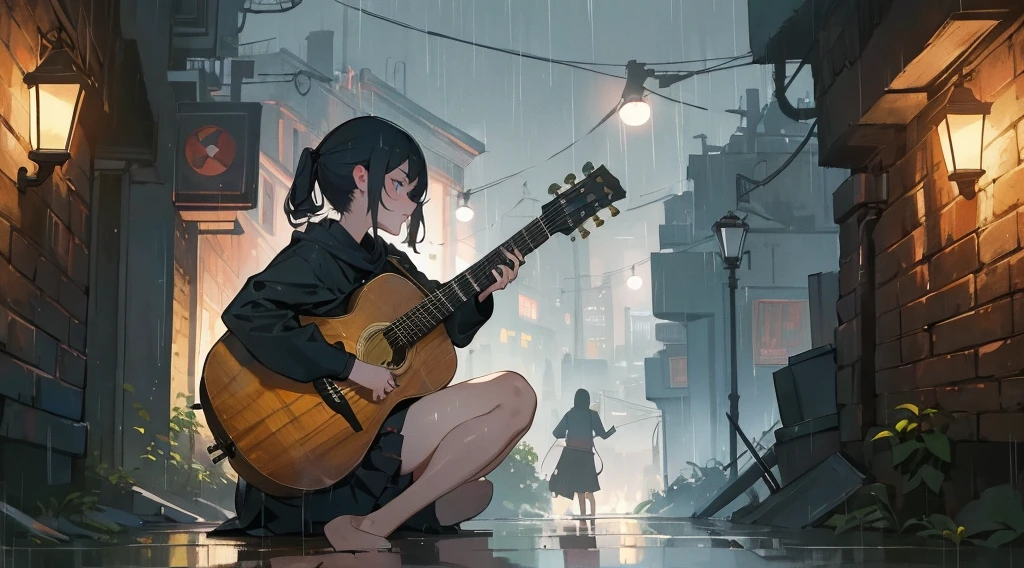 (masterpiece:1.3), (the best quality:1.2), 

masterpiece,night,(dark alley),dire backgroud,Cluttered street,Rainy

(1 girl), (solo), Knee hugging sitting，acousticguitar