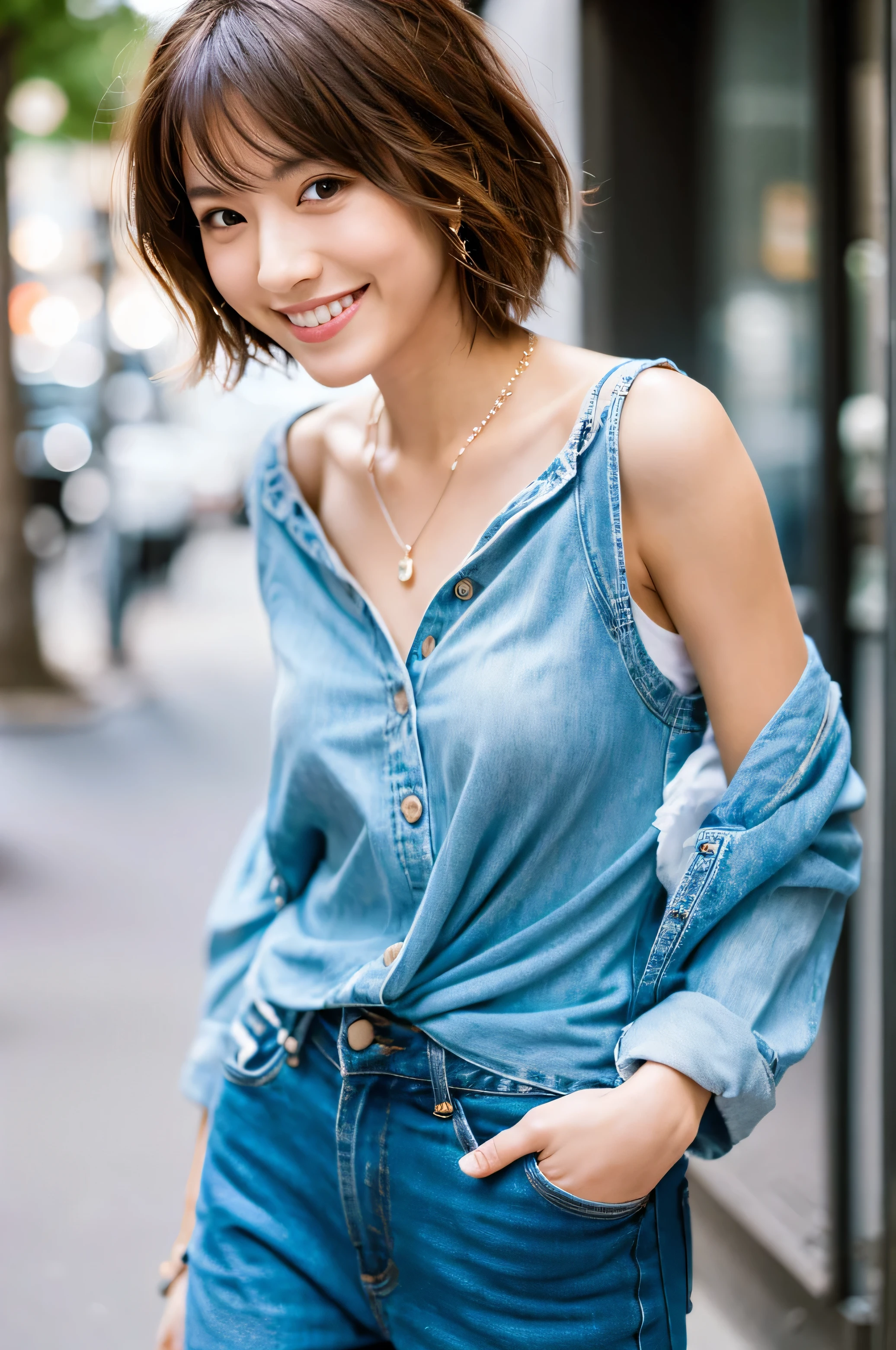 Photorealistic portrait of a fabulous, film grain, Highest quality, Ultra-high resolution, Japanese woman, 25years old, Height: 165 cm, slim, big smile, long face, fashion model posing,looking at the camera, short hair, shoulder length, brown hair, shy smile, flirty, jeans, necklace, at street, Walking, Leaning Forward