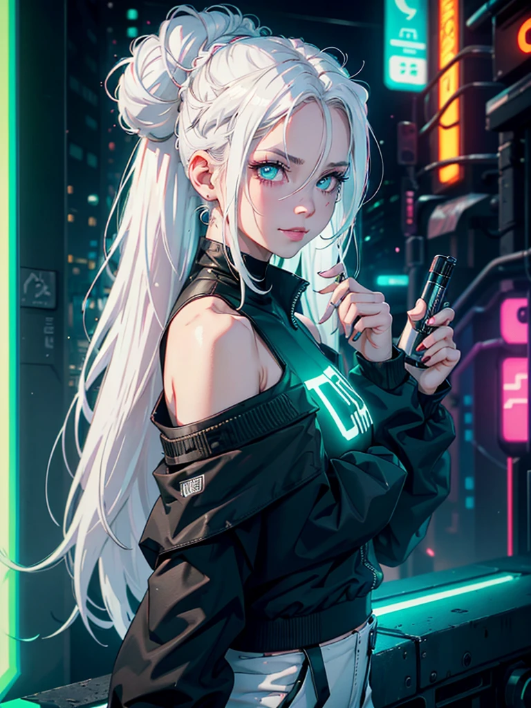 1girl, solo, white hair, hair in two buns, barcode, looking at viewer, lips, chromatic aberration, alluring smirk, long hair, upper body, off shoulder, android, shirt, cyberpunk, glowing green eyes,science fiction, cable,neon lights,(cyberpunk:1.2), looking over shoulder