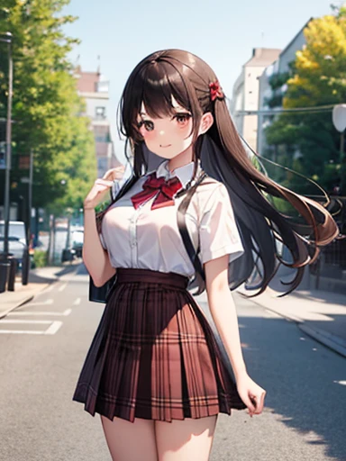 masterpiece, Highest quality, One Girl, alone, skirt, Outdoors, Jacket, Are standing, shoes下, shoes, View your audience, Brown footwear, White Loafers, Long black hair, brown plaid skirt, black shoes下, Short sleeve, bangs, Open clothes, bow, Brown eyes, pleated skirt, bowtie, Day, Long Hair, Upper Body, Are standing, red bow, shirt, Mouth closed, Sleeves are longer than the wrist, red bowtie, blush, brown skirt, Blurred, collared shirt, miniskirt, white shirt, A light smile, Outdoor、Large Breasts