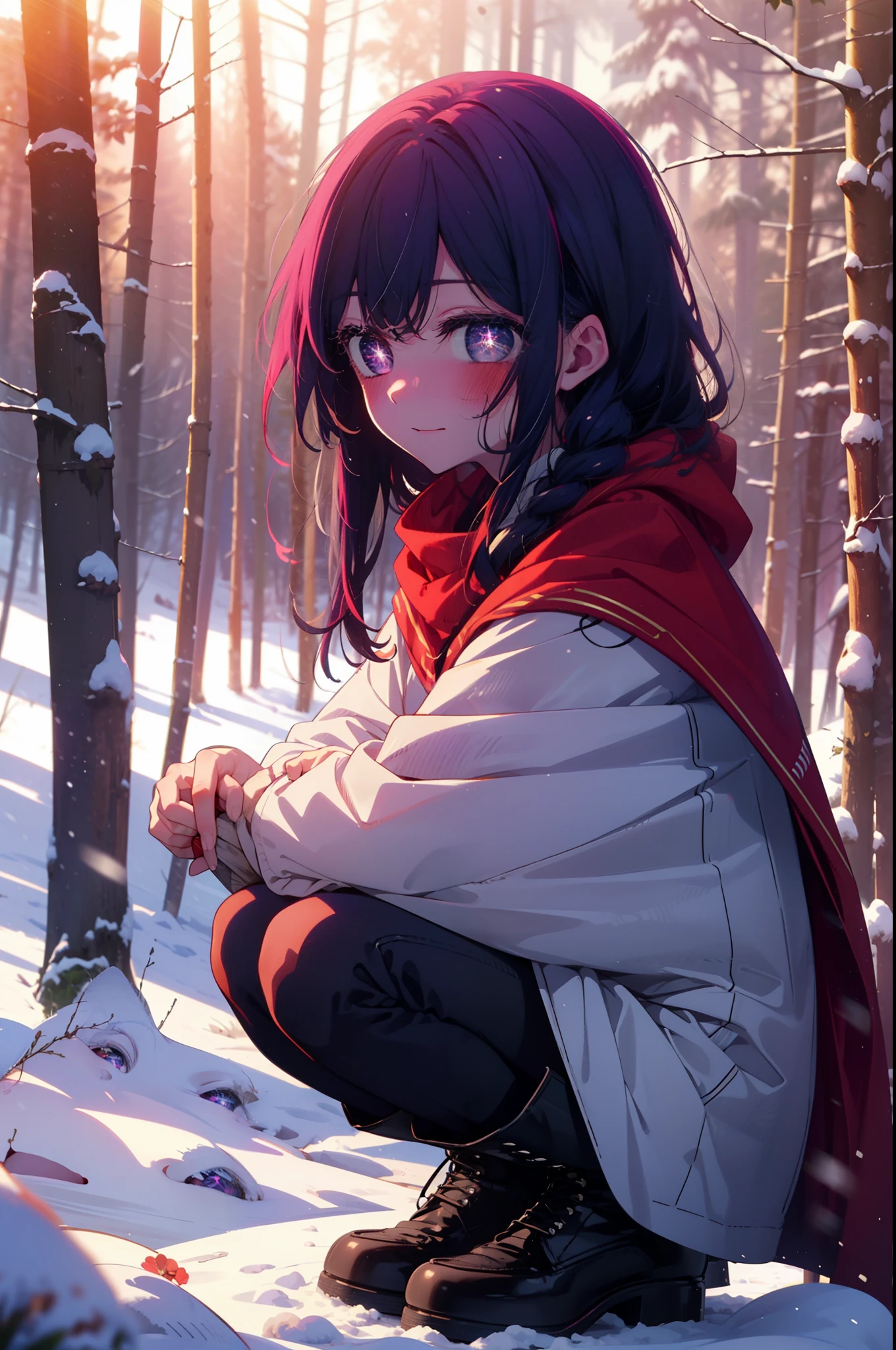 aihoshino, Ai Hoshino, Long Hair, bangs, (Purple eyes:1.1), Purple Hair, (Symbol-shaped pupil:1.5), smile,,smile,blush,white breath,
Open your mouth,snow,Ground bonfire, Outdoor, boots, snowing, From the side, wood, suitcase, Cape, Blurred, , forest, White handbag, nature,  Squat, Mouth closed, Cape, winter, Written boundary depth, Black shoes, red Cape break looking at viewer, Upper Body, whole body, break Outdoor, forest, nature, break (masterpiece:1.2), Highest quality, High resolution, unity 8k wallpaper, (shape:0.8), (Beautiful and beautiful eyes:1.6), Highly detailed face, Perfect lighting, Highly detailed CG, (Perfect hands, Perfect Anatomy),
