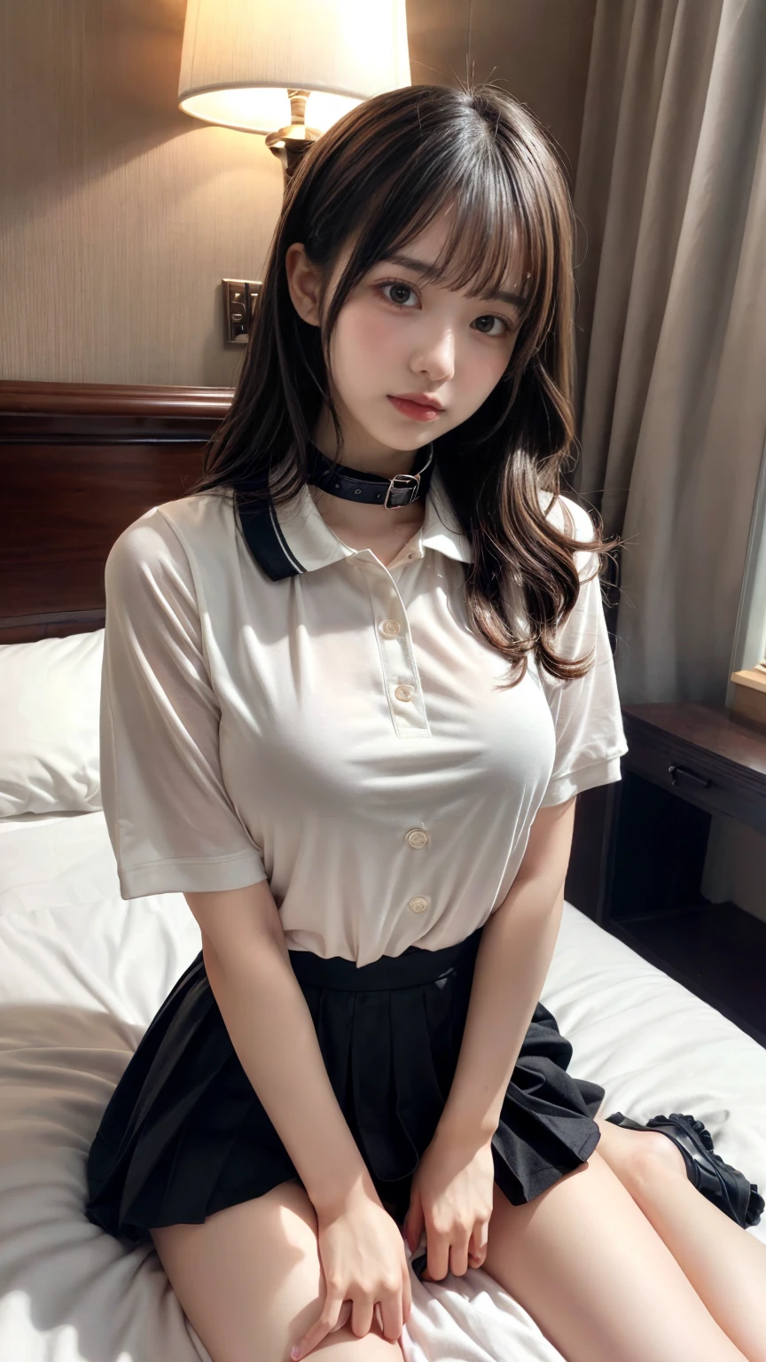 masterpiece, best quality, illustration, Super detailed, fine details, High resolution, 8K,wall paper, perfect dynamic composition,(Details High quality, realistic depiction of eyes:1.3), (Polo shirt with collar), pleated skirt, large breasts, short hair, (wavy hair:1.2), black hair color, Big Natural Color Lip, bold sexy pose, crying a little、Harajuku style、20 year old girl、cute type、lolita、beautiful legs, hotel room, hposing Gravure Idol, woman on top, straddling, sitting)