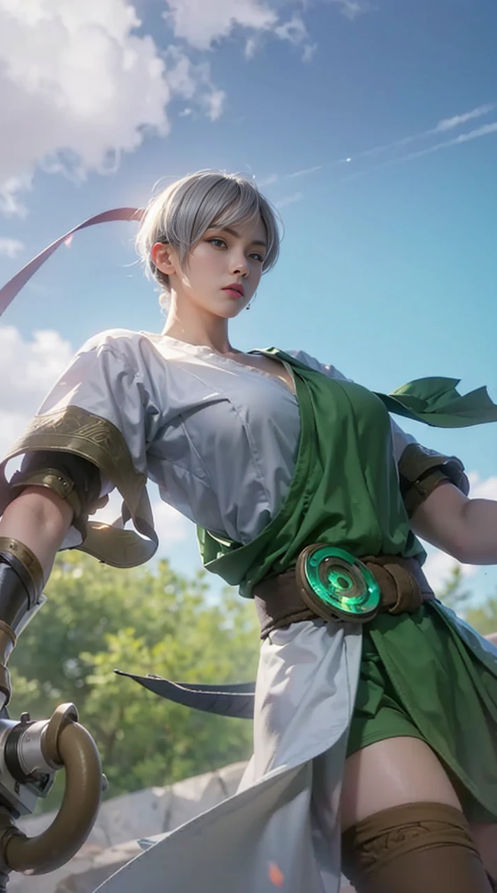 female ninja in forest, realistic, photorealistic, high quality, 8k, raw photos, best image quality, single-lens reflex camera, cinematic lighting, lens flare, ray tracing, realistic background, waso, kimono, ninjya, kunoichi, sexy ninja, fighting stance, ninjutsu activation, trained abdominal muscles, cleavage, big breasts, grey hair, short hair, standing in forest, night village, ultra-dense skin, 1 girl, cute kunoichi, whole body, looking at audience, glare, accurate portrait, accurate arm, accurate feet, beautiful legs, precise thighs, white skin