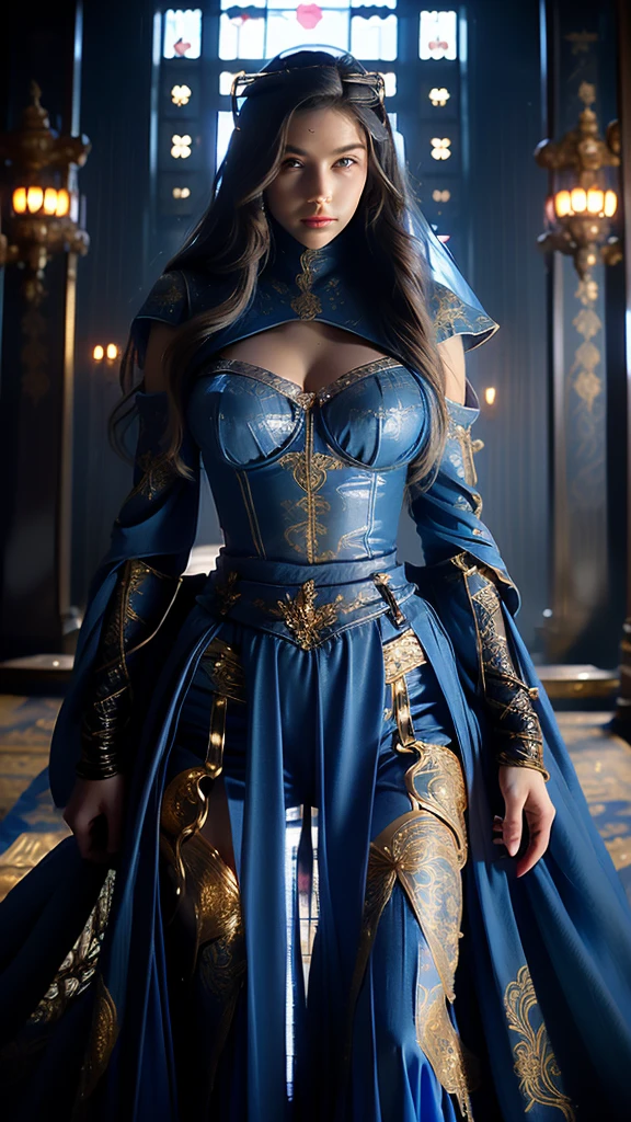 ((Highest quality)), ((masterpiece)), (Very detailed),Woman in black armor, Long Hair. Right hand holds a high-grade sword, Armor fight scene, Very cute face, Very slim body, Very slim, Narrow waist, ((Big Breasts))、Cleavage、((Super perfect giant)), Perfect big round breasts, Smooth Skin, Silky Hair, blue eyes, 16 years old, Red Robe,Blue hijab with princess crown , Luxurious golden patterned armor, blonde, Fighting Style, Red lips, blush, Erect nipples , ((Perfect Face))、Big eyes、Delicate eyes、Body-fitting armor、looking at the camera、(((Long skirt and garter belt)))、Knee-high boots