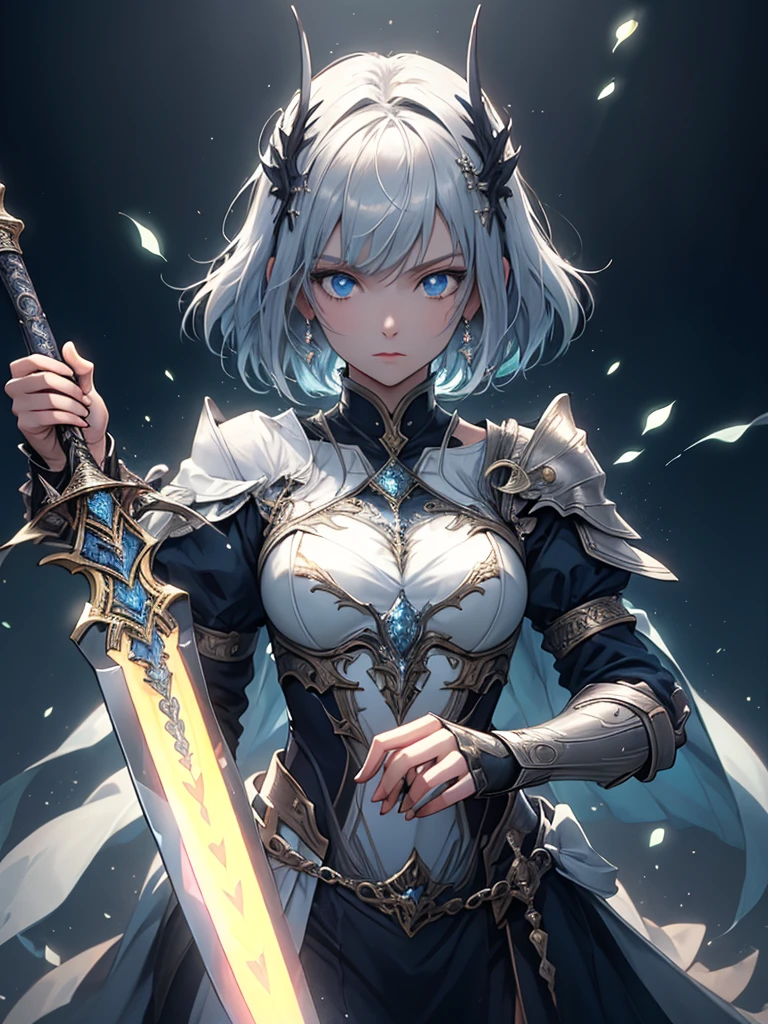 (fantasy art),(master piece),(anime style),high quality,(perfect anatomy),(perfect fingers),((1girl)),((solo)),(small breasts),slender body,silver short hair,((hand holding shining sword)),beautiful detailed blue eyes,beautiful detailed white armor,white loincloth,dynamic pose,high fantasy,magical colors and atmosphere,silky to the touch,film lighting,in the forest