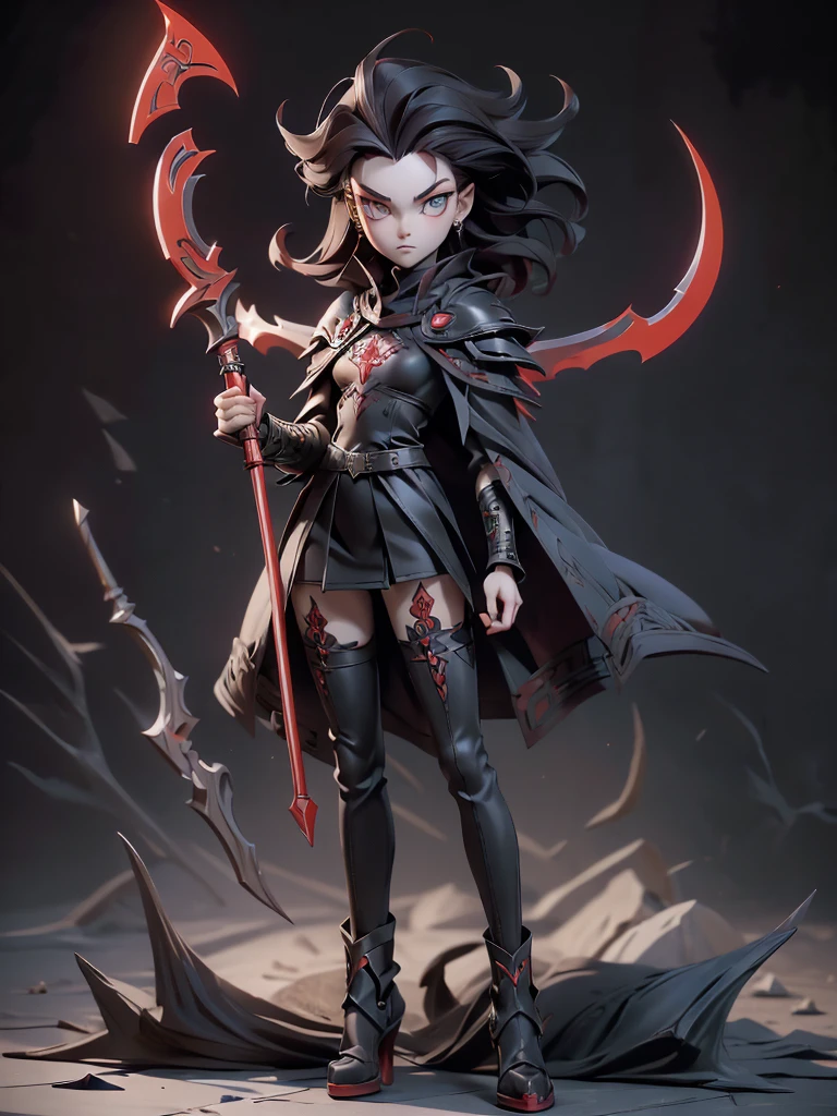 (((Best Quality))), (((Masterpiece))), ((Realistic)) ((full body shot)) slender cute pale demon girl, pointing ears, (red colored eyes), (short stylish black hair), wearing demon armor (intricate details:1.5) holding a giant demon stylish scythe.