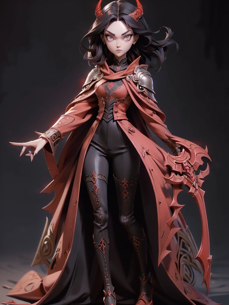 (((Best Quality))), (((Masterpiece))), ((Realistic)) ((full body shot)) slender cute pale demon girl, pointing ears, (red colored eyes), (short stylish black hair), wearing demon armor (intricate details:1.5) holding a giant demon stylish scythe.