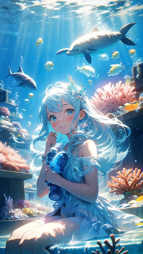Underwater, digital art of dolphins and girls, bubbles, coral, glitter, good morning, sea fairies, tropical fish, bubbles,
