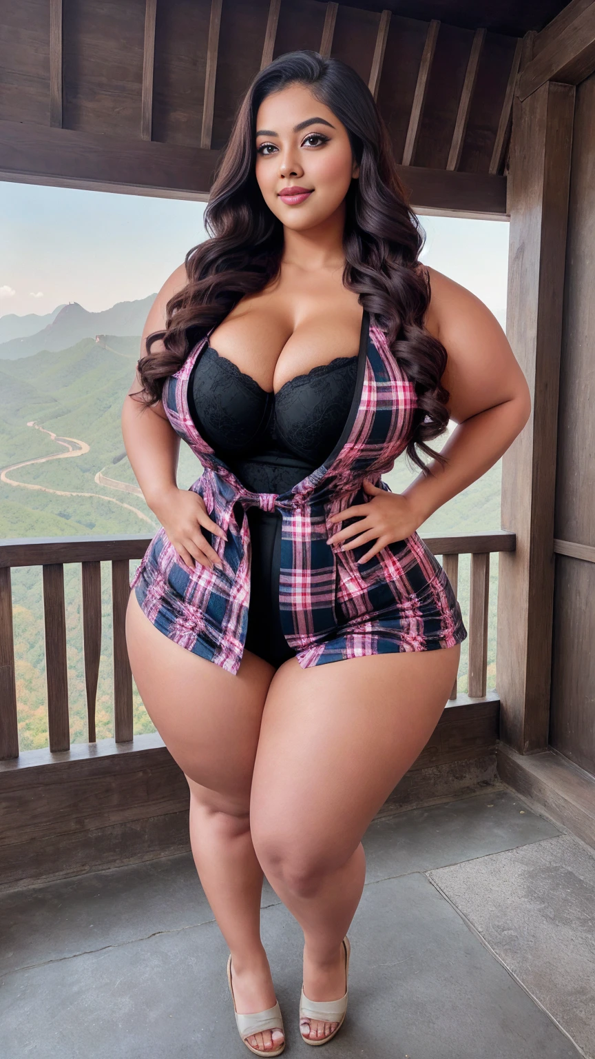 gorgeous curvy plus size Indian bengali actress ritavori , glowing eyes, wearing Girls Plaid Print Vest Coat Color: Pink , covered Bust, parted lips, blushing cheeks, thick thighs, bigger waist, busty, curvy plus size body, full body, full body shot, head to toe view, smoothning burgendy color hair with pfrench braid hairstyle, hourglass body, curvy plus size body, smile face, bigger waist, busty, big hips, fleshy thighs, thick thighs, busty, full body view, Great Wall of China, China: Majestic ancient wall with mountainous scenery.