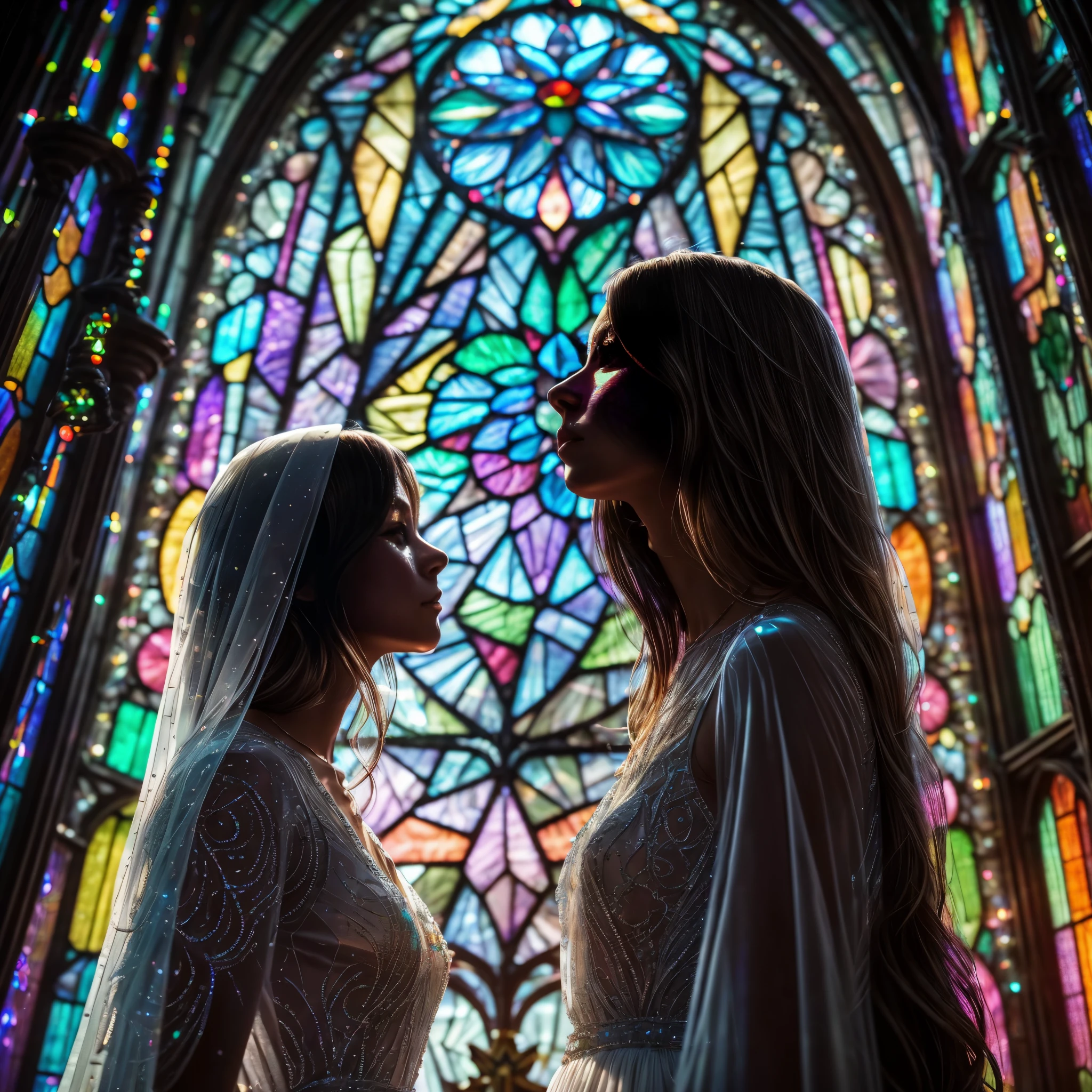 (Cathedral from below:1.28) (ZoomLayer) TopQuality 8K masterpiece of ((Professional photo)), (((Clarisse de Cagliostro))) (Detailed White WeddingDresses), Chain, (((Extremely detailed KAWAII face))) {((VeiledFace))|BlondeHair|(Elaborate BuleEyes)with(SparklingHighlights:1.28)}, The background is distant (((Elaborate stained glass))) Rainbow Glass, {(MysticSight)|EnchantingAtmosphere|Haze|(GodRays)|TyndallEffect}, Radiant PearlSkin with Transparency, (Exposed:0.39)