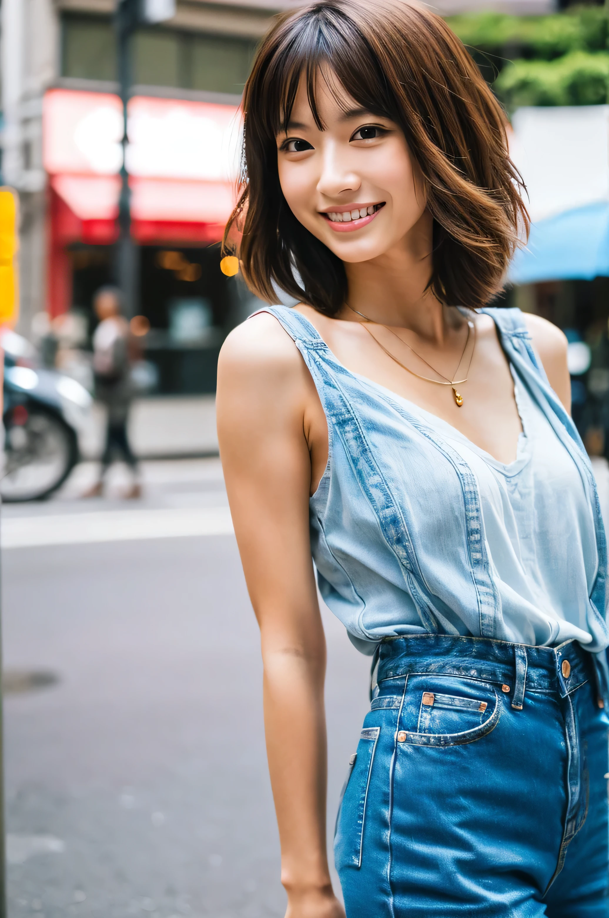 Photorealistic portrait of a fabulous, film grain, Highest quality, Ultra-high resolution, Japanese woman, 25years old, Height: 165 cm, slim, big smile, long face, fashion model posing,looking at the camera, short hair, shoulder length, brown hair, shy smile, flirty, jeans, necklace, at street, Walking, Leaning Forward, Rainy day