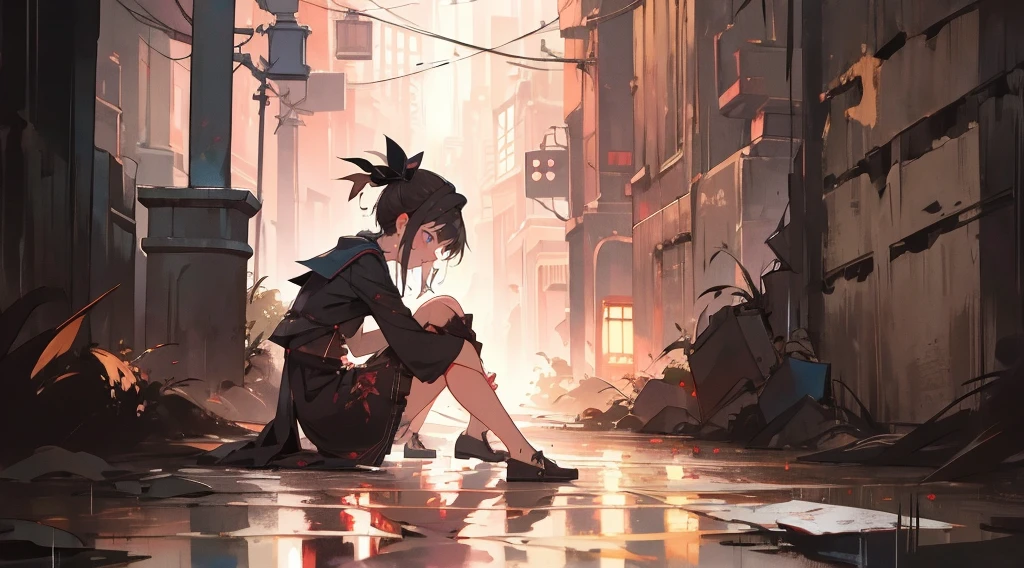 (masterpiece:1.3), (the best quality:1.2),
masterpiece,night,(dark alley),dire backgroud,Cluttered street,Rainy
(1 girl), (solo), Knee hugging sitting,acousticguitar