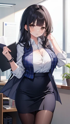 Highest quality, flying debris、Beautiful woman、officeレディー、Black Hair、(Brown eyes、Big Breasts、Blunt bangs)、Long Hair、チェック柄のダークブルーのofficeスーツ)、new employee,Full Body Shot、Female office lady、break(Dark blue checked vest、White dress shirt、Navy blue mini tight pencil skirt:1.2)、(Black Pantyhose、garter belt、High heels)、break(office:1.3)、Cleavage、Shirt buttons fly off、