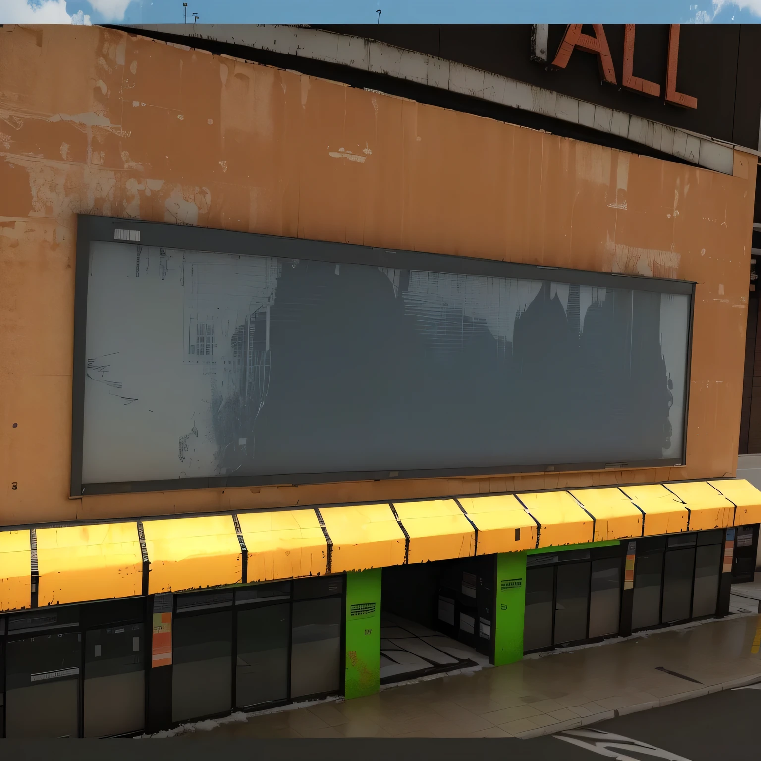 Big weathered poster on Supermarket, 3dmodel of big store, entrance of big store