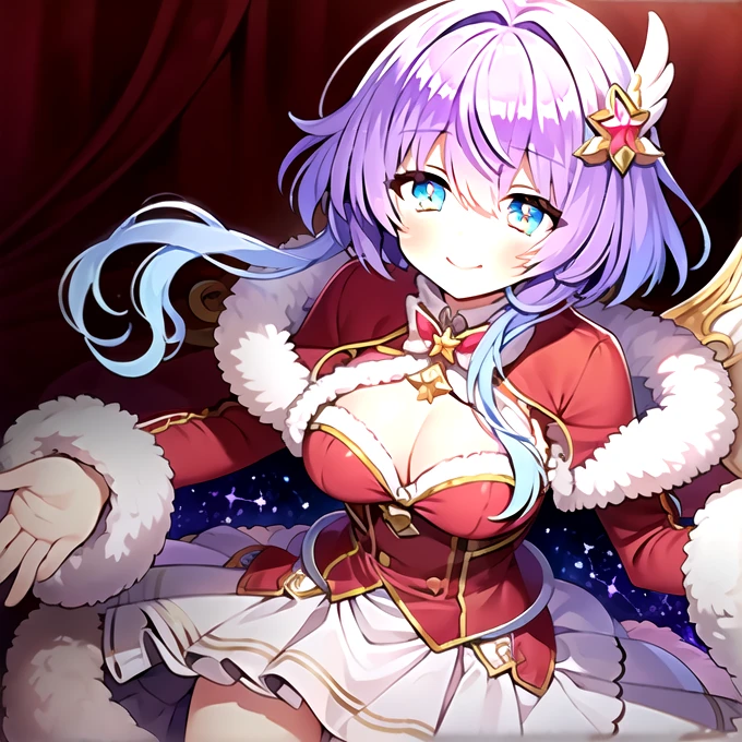 bbruca,capelet,fur trim,detached sleeves,cleavage,white skirt,symbol-shaped pupils,fur-trimmed capelet,ribbon,long sleeves,hair ornament,red shirt,red capelet,