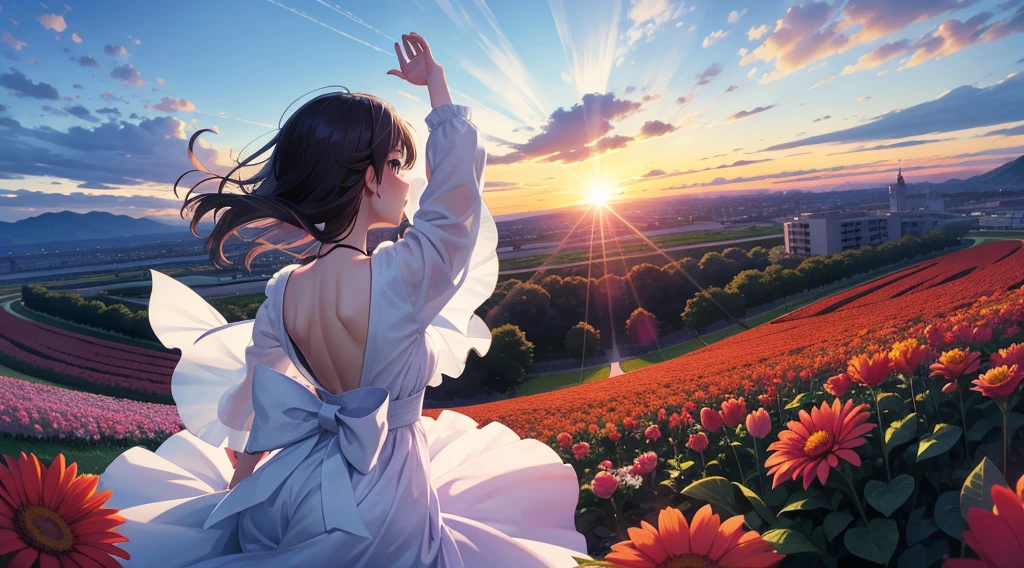 Fun anime girl in the middle of a very big flower garden, While watching the sun set on the horizon、Jump with your hands raised above your head. Her back is facing the camera. Because the sky above is bluish、It&#39;s evening. Distant shots. 2D.Sailor suit.Brown Hair