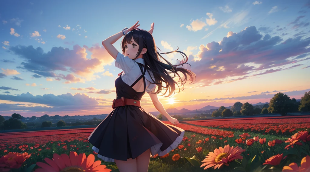 Fun anime girl in the middle of a very big flower garden, While watching the sun set on the horizon、Jump with your hands raised above your head. Her back is facing the camera. Because the sky above is bluish、It's evening. Distant shots. 2D.Sailor suit.Brown Hair