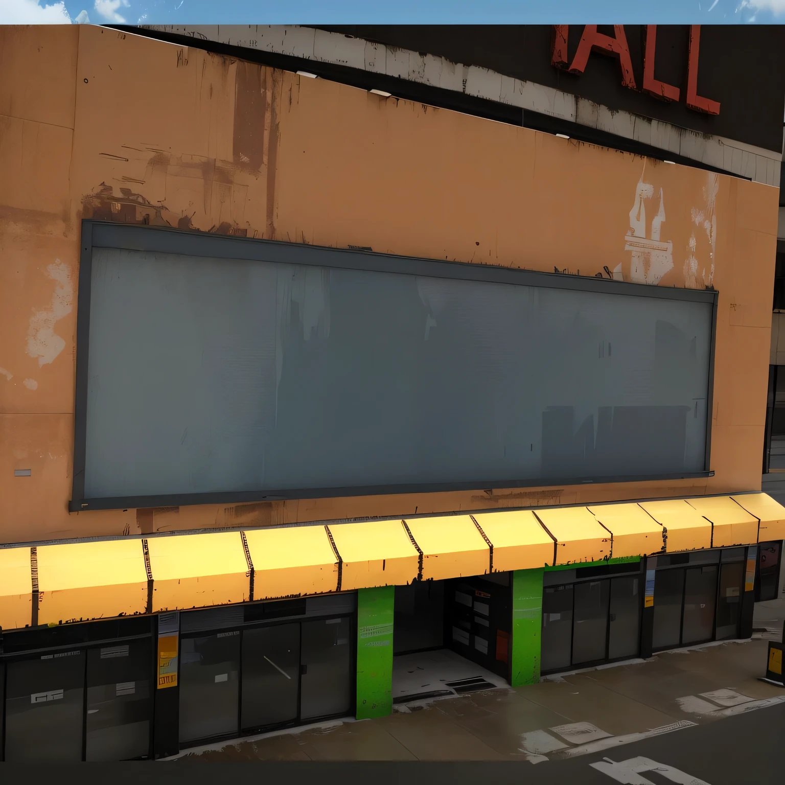 Big weathered poster on Supermarket, 3dmodel of big store, entrance of big store