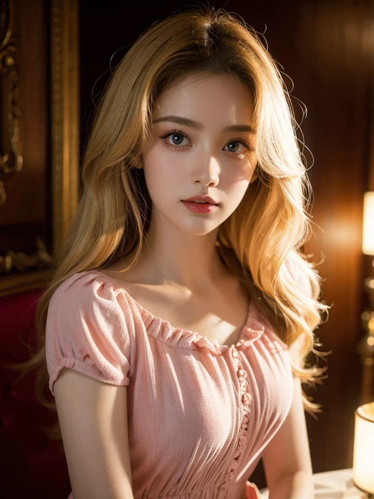 (close up of a beautiful 28 year old girl in a pink vintage dress), movie stock photos, camera f1. 6, saturated colors, Vibrant, lifelike textures, Impressive classic lighting, Modern style, sexy full body photo, Evening, Curly hair has just been dyed light blonde