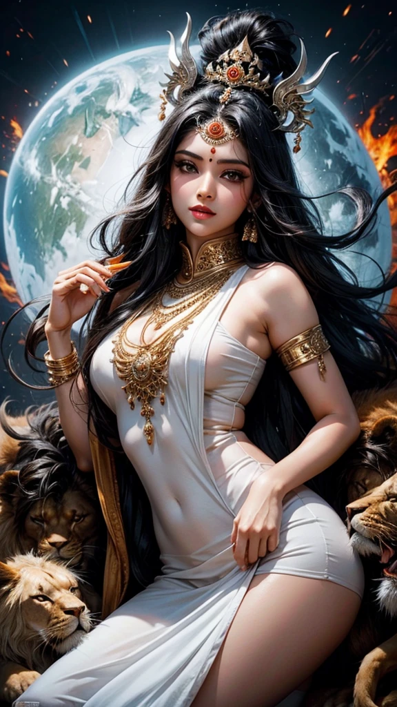 Sexy hot hindu female gods white outfit long black hair holding trishul nearly lion beautiful face full HD