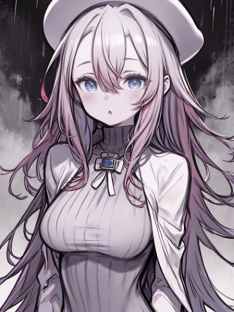 High Contrast, One Woman, sketch, Clean line art for coloring books、Red color hair、long hair、Hair between the eyes、Blue Eyes、Big Breasts、Huge breasts、Red color turtleneck sweater、Cape、beret、(Standing in the rain)、Rocky area、cliff、Are standing、Upper Body、O mouth、((Wet body、Wet Hair))、Downcast eyes、