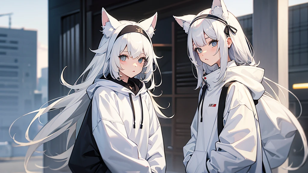 Oversized hoodie、girl、Bob、White clothes、White Hair、Black dog ears headband