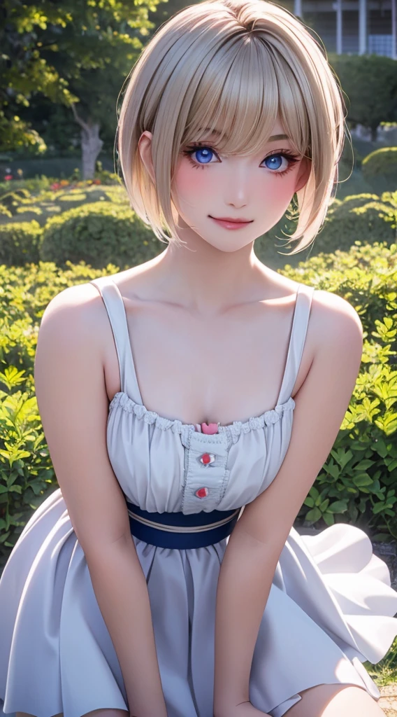(masterpiece:1.3, Highest quality, Ultra-high resolution, Super detailed), (Realistic:1.1, photoRealistic:1.4), Beautiful illustrations, Perfect lighting, colorful, Depth of written boundary, Beautiful detailed hair, Beautifully detailed face, Beautiful attention to detail, Beautiful clavicle, Beautiful body, (Beautiful small breasts), Beautiful thighs, Beautiful feet, Beautiful fingers, View your viewers, 1 girl, Japanese, high school girl, Perfect Face, (Perfect Anatomy, Anatomically correct), Cute and symmetrical face, Baby Face, Sunburn, Glowing Skin, (short hair:1.5, Bobcut:1.2, Ash Blonde Hair), Hair between the eyes, blue eyes, Long eyelashes, thin, (Pale pink dress, Black tank top, White Skirt), (Are standing), (Cute smile,, Close your mouth),