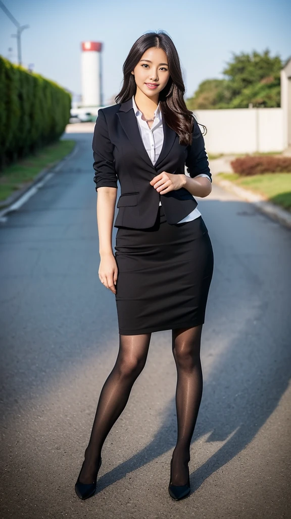 (masutepiece,High quality,16k:1.1),(depth of fields:1.3) ,((front body:1.35)),Japanese ,Woman, ((business suit, pencil skirt)), tights,huge breasts, voluptuous, thicc, curvy,(Looking at Viewer:1.3),(full body shot:1.2),(Beautiful Morning view of town:1.2),