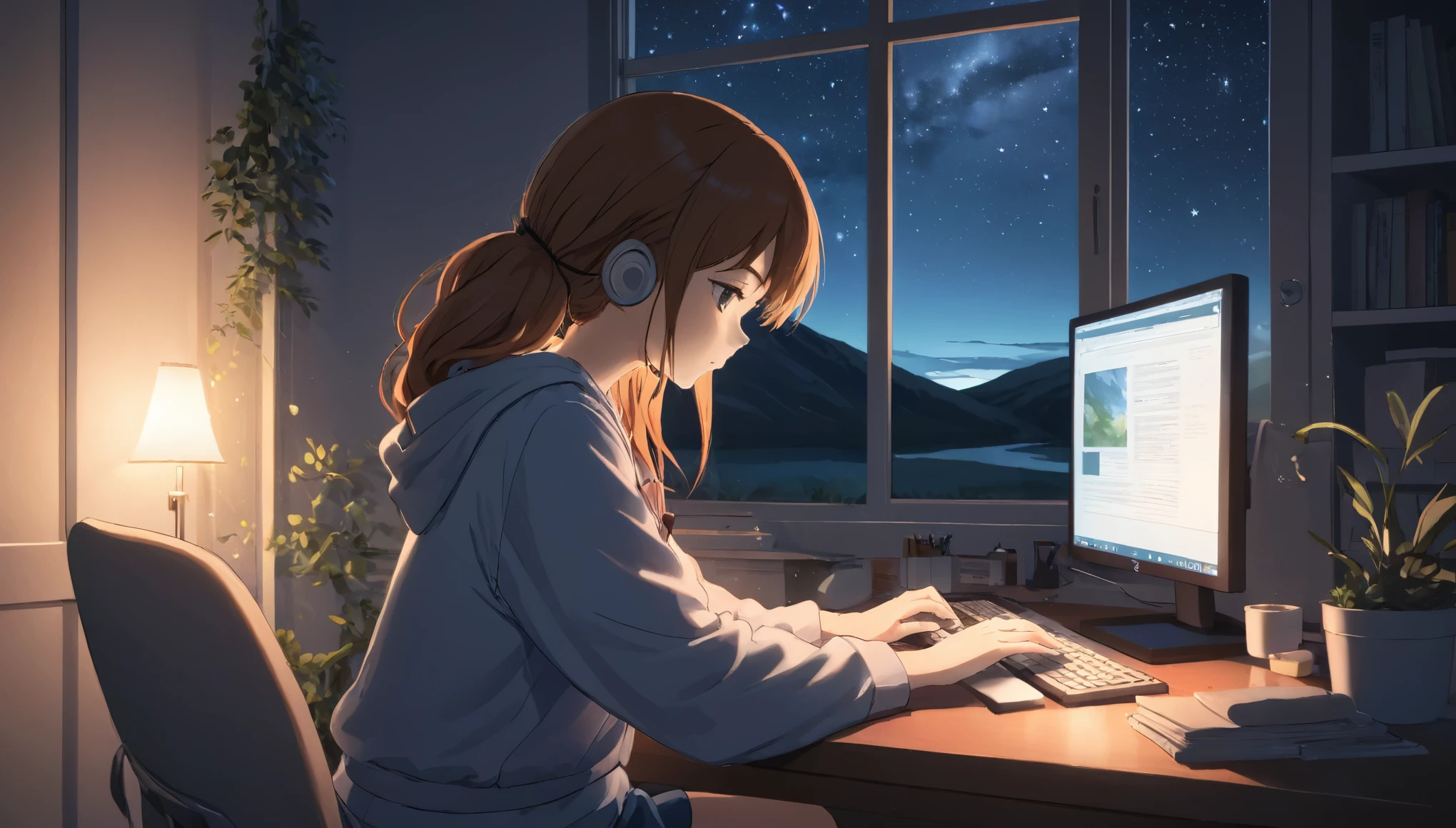 An anime illustration of a woman wearing headphones and intently looking at a PC while working on something. The scene is set by a window with a view of a nighttime , and the overall atmosphere reflects the soft, calming vibe of lofi music.