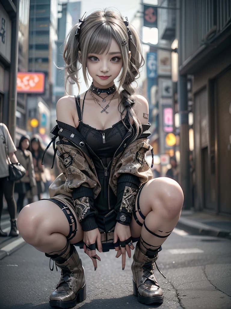 (Side view:1.1)、(Smiling with teeth showing:1.3),(Shibuya Gal:1.5)、(Beautiful:1.5)、(Neo-goth fashion:1.5)、(Punk RockVisual Kei:1.5)、(An off-the-shoulder hoodie in khaki and brown with delicate silver accessories.:1.5)、(A corset with a delicate beige and brown design:1.4)、(Dark grey, khaki and brown snakeskin bodysuit:1.5)、(Snake print headband:1.3)、(Beige and charcoal knee socks:1.4)、Embellished collar and long boots、(I'm selling snake print underwear.:1.4)、(Long eyelashes:1.3)、(Age 35)、((Highest quality、8k、masterpiece:1.3))、1 Female、Slim and beautiful abs:1.3、(hairstyle casual、Beautiful boobs:1.1)、(Doing an aerobics pose:1.3)、dress:1.1、Super small face、Narrow eyes、double eyelid、A sloppy smile、Esbian all over body、Dynamic Angle、Close-up、CPL Filter、Blurred Background、Bokeh、Blue Hour、Detailed face and skin texture、Detailed eyes、,(Twin tails:1.3)、(Brown-golden hair:1.3)、Gravure idol、(The background is a glamorous dance hall:1.3)、(Make your legs thinner:1.4)、(Slim Body:1.3)、(clavicle:1.1)