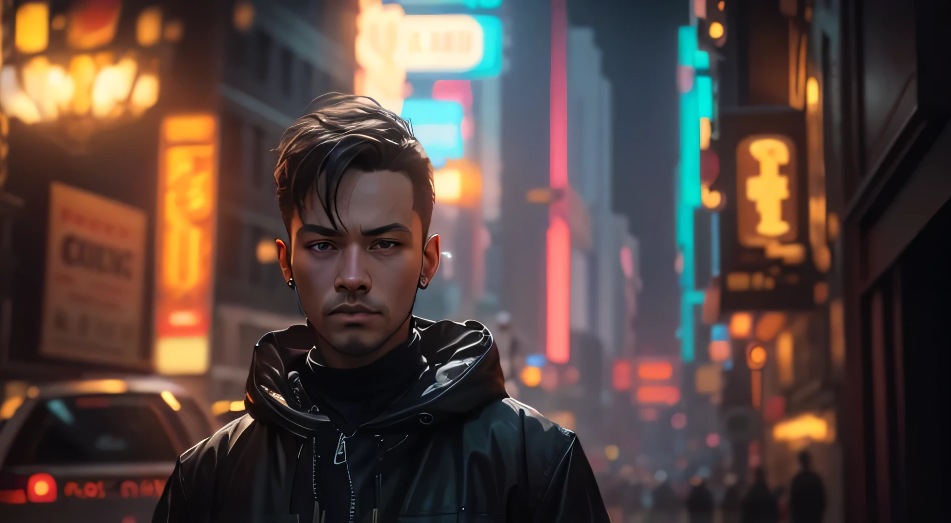 a man standing in the street citizen cyberpunk, change the background standing in the night club and full body length