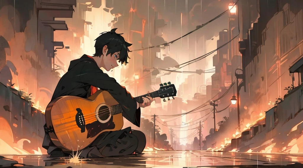 (masterpiece:1.3), (the best quality:1.2),
masterpiece,night,(dark alley),dire backgroud,Cluttered street,Rainy
(1 boy), (solo), Knee hugging sitting,acousticguitar