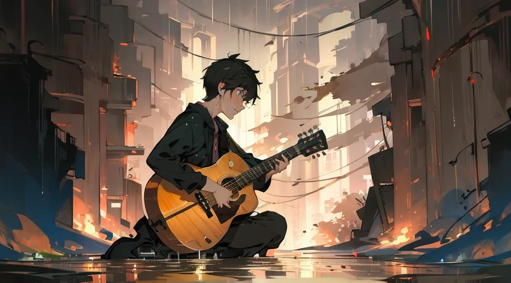 (masterpiece:1.3), (the best quality:1.2), 

masterpiece,night,(dark alley),dire backgroud,Cluttered street,Rainy

(1 boy), (solo), Knee hugging sitting，acousticguitar