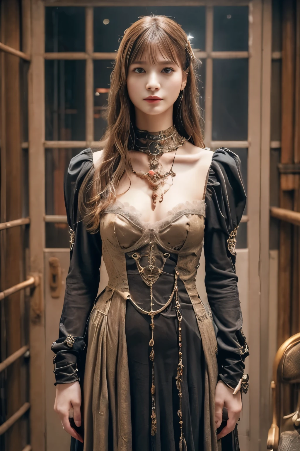 (((Full length image,View from the front))),Japan Maiden 、 ((Ultra-Realistic Details)) 、 Portrait 、 Global Illumination 、 Shadowy 、 Octane Rendering 、 In 8K 、 Super sharp 、 Steampunk Body 、 Metal 、 Exquisite decorative details 、 Cool colors 、 More about Gothic ta 、 Very intricate details 、 Realistic Light 、 CG Trends、Golden Eyes、Shining Eyes、To the camera、Neon Details、、Visible crackachinery Partechanical vertebrae attached to the back of the blood vessels connected to the tubes、A mechanical cervical tube worn around the neck、upright posture、Wired and cable connected to head、The background is a steampunk room