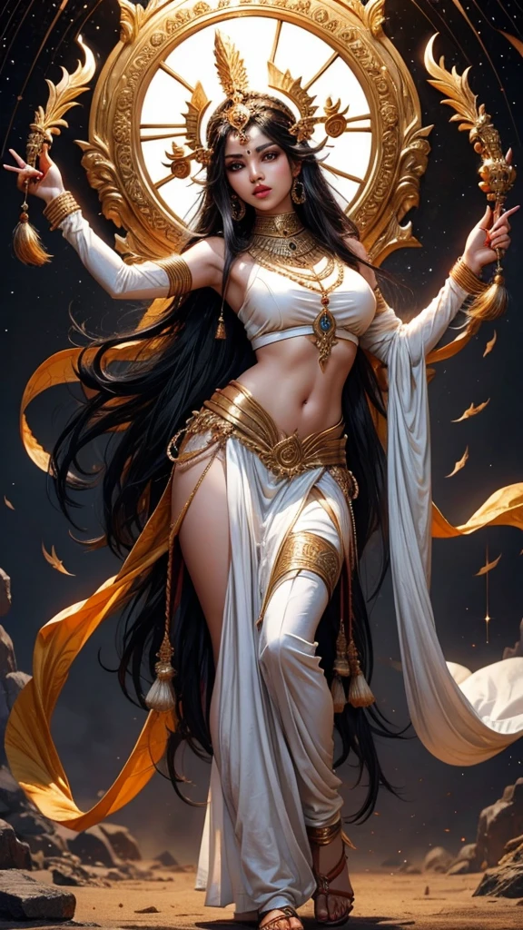 Sexy hot hindu female gods white outfit long black hair holding trishul nearly lion beautiful face full HD