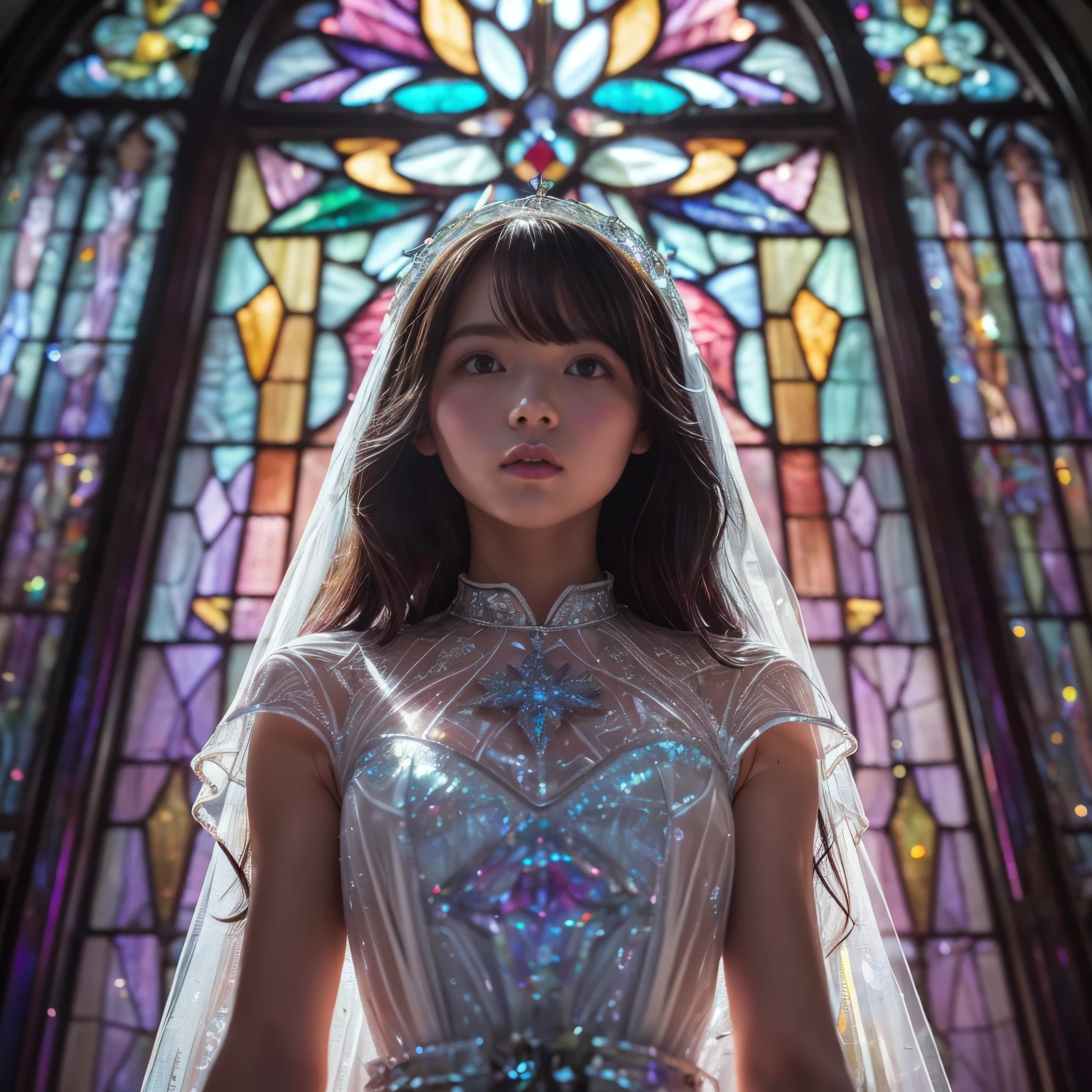  (Cathedral from below:1.28) (ZoomLayer) TopQuality 8K masterpiece of ((Professional photo)), (((Clarisse de Cagliostro))) (Detailed White WeddingDresses), Chain, (((Extremely detailed KAWAII face))) {((VeiledFace))|BlondeHair|(Elaborate BuleEyes)with(SparklingHighlights:1.28)}, The background is distant (((Elaborate stained glass))) Rainbow Glass, {(MysticSight)|EnchantingAtmosphere|Haze|(GodRays)|TyndallEffect}, Radiant PearlSkin with Transparency, (Exposed:0.39)