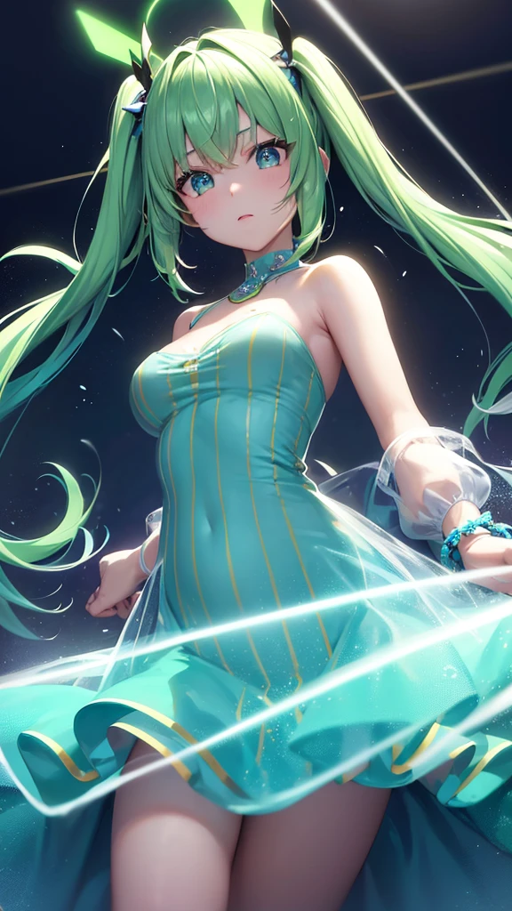 Masterpiece, high quality, high quality illustration, vast expanse of medieval cityscape, one girl, solo, (((( dress, V-neck, fluorescent luminescent lamé and see-through material produced, )))) long sleeves, long dress, delicate and super detailed embroidery, ((cute, super cute, incredibly ridiculous cuteness)) looking at you, ((blush)), raw girl ((from above)), shy pose,