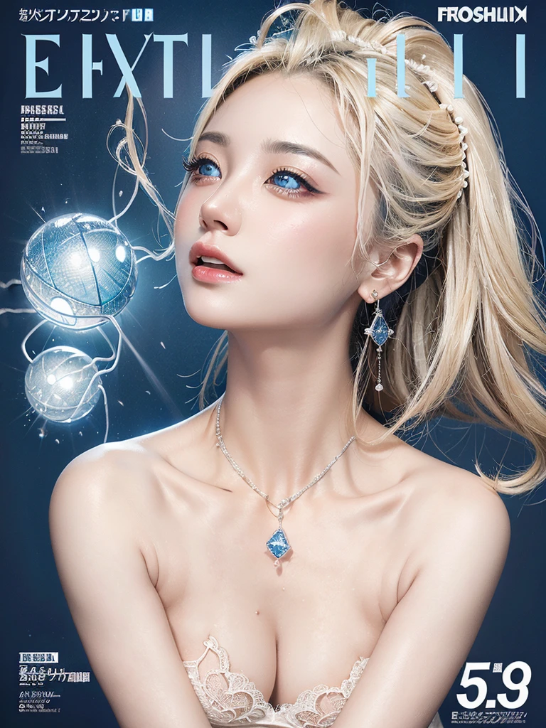Navy Blue Background、Professional Lighting、(((Professional Lighting 1.5)))、Translucent skin texture、Beautiful Skin、Beautiful Skin、、(((Whitening 1.5)))、Lace pattern bra、See through、、Ecstasy of Musical Notes、((Nude 1.5))、See through1.5、Mid-shot photo、Simple earrings and necklace、(((ファッションMagazine Cover 1.5)))、(((Magazine Cover 1.5)))、Blonde Hair、Profile 1.5