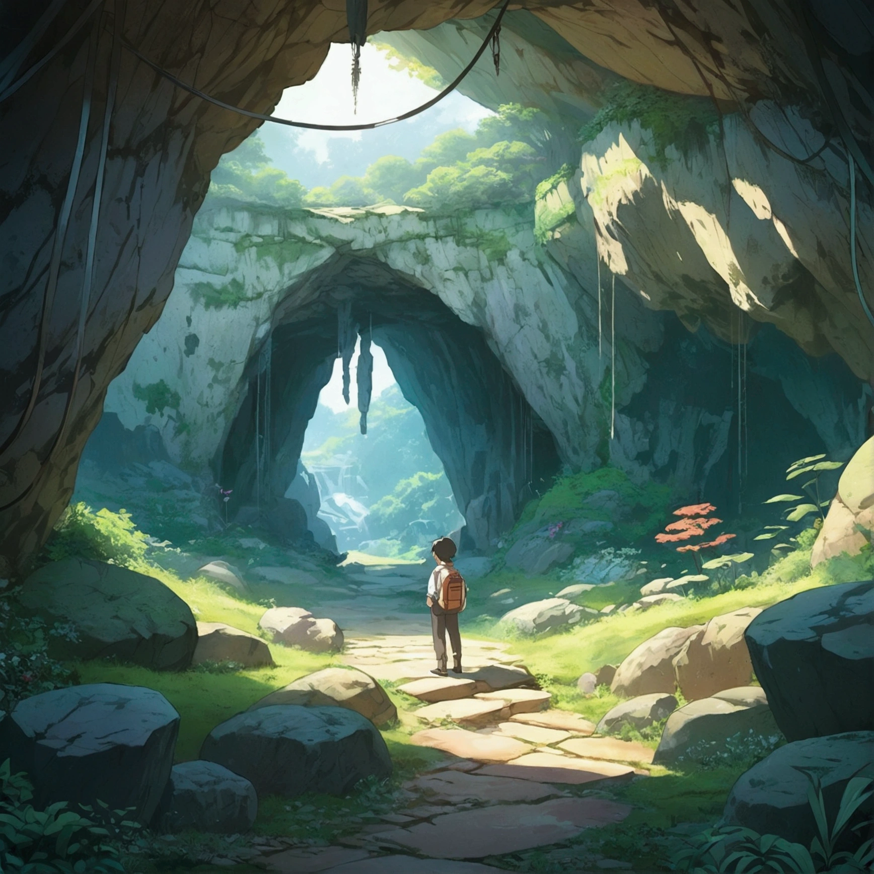 ((Domestically human))Abandoned cave: Novel-style, Rempie, mystery, Individuality, Unique places, Closed, Horizontal view  (artwork), Boy in , Superior Quality, Detailed Japan anime illustrations, Elegant visuals with soft tones, Pokémon-style drawings, fun, Colorful anime-style characters.
