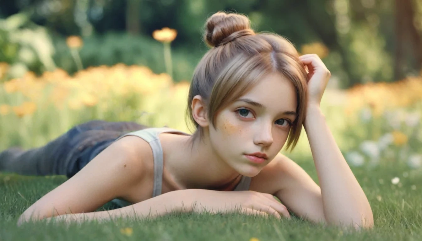 (Cinematic photo: 1.3) From (really: 1.3), (lying on her belly, comfortable: 1.3) Beautiful 12 year old girl lying on the grass, (difficult messy bun of light brown hair), высокодеталFromированная текстура кожи, skinny shoulders, realistic texture кожи, looks straight into the camera, (looks at the viewer), pout, pastel, Shine, Dramatic, Dreamy, pastelный цветочный сад, Thin, skinny, gentle, Высокая деталFromация, difficult, digital painting, Fantasy theme,skinny , bare belly, Fantasy concept art , Fantasy Characters, Beautiful teenage girl, Perfect body, highly detailed full-length shot, Dreamy, pastel, watercolor, strange, gentle, highly detailed texture, realistic texture, digital painting, высокодеталFromированная фотография (art deco: 1.3), (ФотореалFromм: 1.3), (Классический реалFromм: 1.3), (Fujifilm Superia: 1.3), Natural, golden hour light, beautiful garden wikth flowers in the background