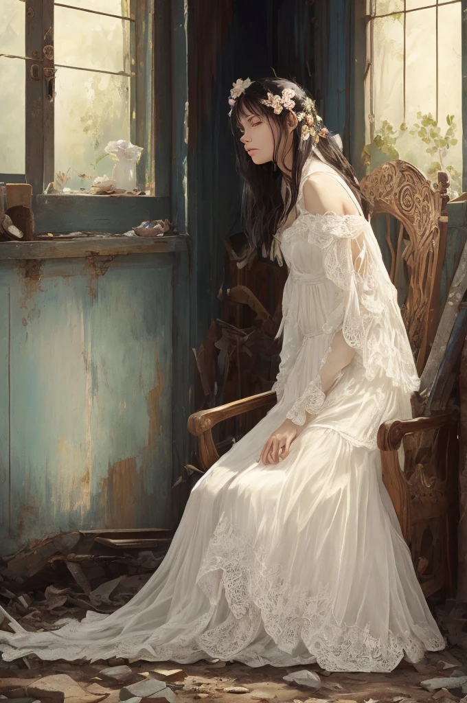 Image is a stylized, fantasy-themed portrait featuring a young woman with long, wavy black hair and fair skin. She is dressed in a tattered, ethereal white dress with intricate lace details, giving her an otherworldly appearance. The woman has large, delicate butterfly wings that are partially torn, adding to the mystical and melancholic atmosphere. She is seated in a dilapidated room with broken windows and scattered debris, enhancing the sense of decay and abandonment. The lighting is soft, casting a gentle glow on her face, which has a somber expression. In the bottom right corner, there is a small, white rectangular logo with rounded edges containing Chinese characters and a numeric code.