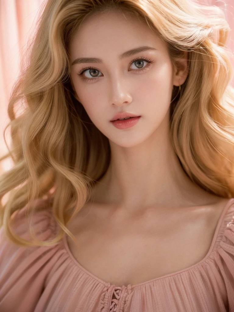 (close up of a beautiful 28 year old girl in a pink vintage dress), movie stock photos, camera f1. 6, saturated colors, Vibrant, lifelike textures, Impressive classic lighting, Modern style, sexy full body photo, Evening, Curly hair has just been dyed light blonde