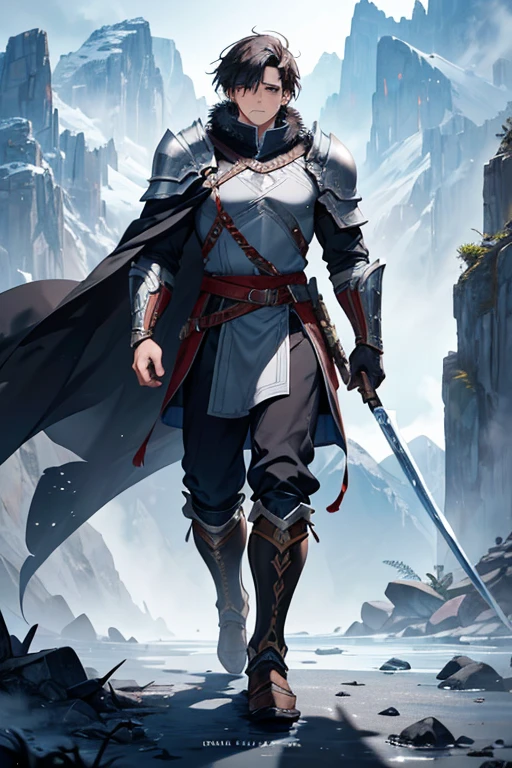 a hardened warrior from the Drakoria Mountains, in search of redemption after a past mistake, he wears heavy and resistant armor, made of dark metal and reinforced with steel plates, designed to withstand the cold of the mountains and the impact of battles. His armor is decorated with dragon emblems and ancient runes that symbolize his bravery and loyalty.. detaileds: Under the armor, he wears a steel mesh shirt, providing an additional layer of protection. His shoulders are covered by wide shoulder pads, and he carries a big sword on his back, plus a round shield adorned with the emblem of your village. Your boots are made of reinforced leather, designed for walking on rough and rocky terrain. Darius also wears a fur cape that protects him against the cold of the mountains and adds a touch of grandeur to his look.