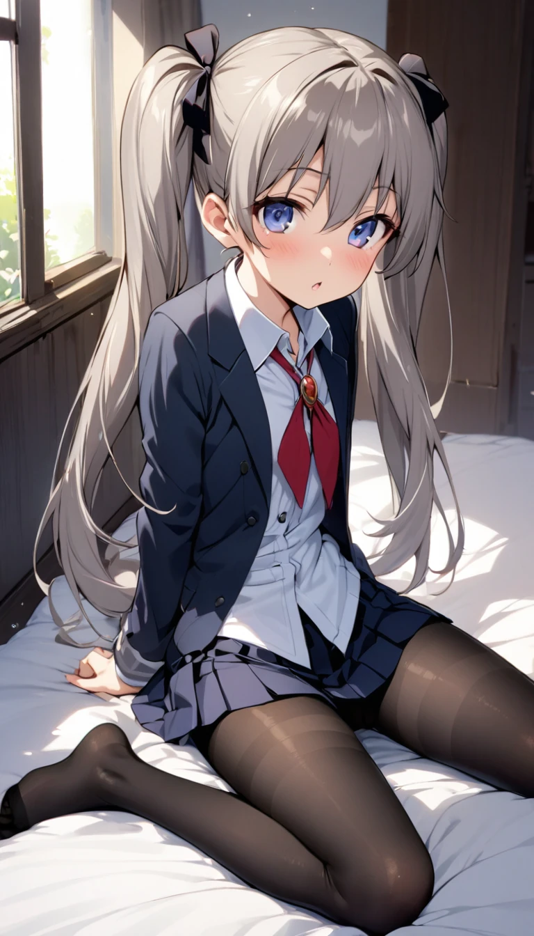 beautiful girl、、Twin tails、Pleated skirt、Black Pantyhose、panties under pantyhose、Sister's Room、Highest quality, smile,Sit with your legs apart、Pink Panties、Sweaty buttocks、Sweaty crotch、Low Angle、Cowboy Shot、Show the soles of your feet、Steam from the soles of the feet、Sweaty feet