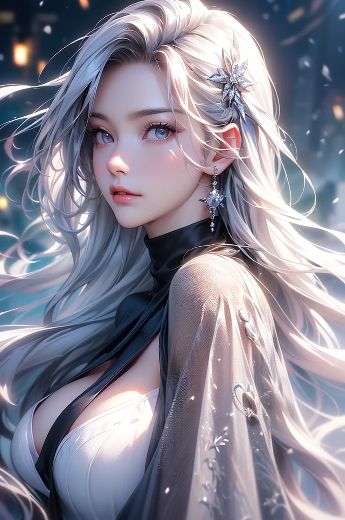 ((masterpiece:1.5、8k、Portraiture、フォトリアリスティックでVery detailedなCG、Very detailed、Particle Effects、Dynamic Effects、Shallow depth of field、Cinematic Light、Lens flare、Ray Tracing、Tabletop、Realistic:1.4、Ultra-high resolution:1.2、Realistic、Realistic))((alone、Woman wearing a cashmere coat:1.4、Elegant woman posing、look up、Detailed face、bright表情、young, bright, Whiter skin、small breasts、Beautiful cleavage、Best Looks、Ultimate beauty、Shiny silver hair with highlights、bright and shiny hair,、Super long, Silky straight hair、Hair dancing in the wind))(morning、The setting is outdoors in the snow、Surrounded by illuminations)