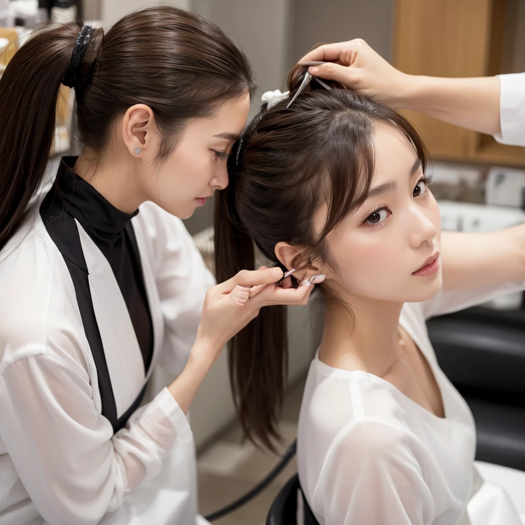 Beauty Salon、A Japanese woman with shiny dark brown hair in a high ponytail wearing white clothing、The woman's high ponytail is very long, straight and very shiny.、The woman's high ponytail hangs down to the floor、A woman is lying on her back on a white chair、A hairdresser wearing white gloves is holding a woman's long high ponytail from behind with both hands、The woman has her eyes closed and a peaceful expression